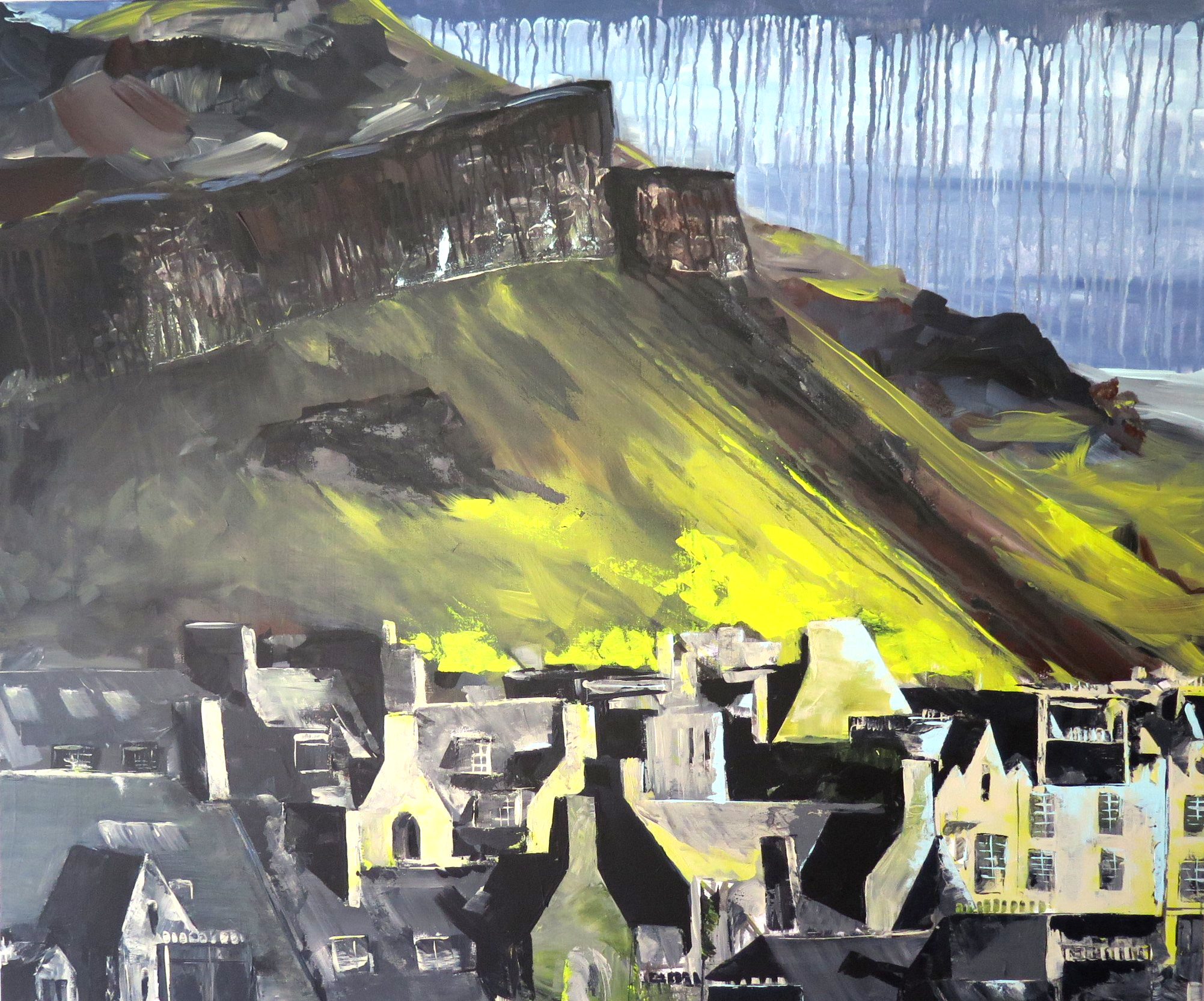 Ein Acrylgemälde von Arthur's Seat in Edinburgh mit Häusern im Vordergrund