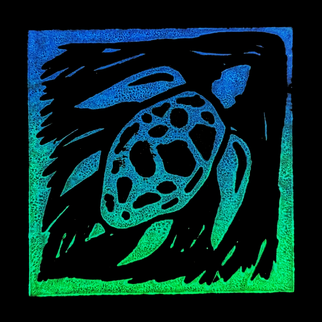Linoldruck Schildkröte in blaugrünem Farbverlauf
